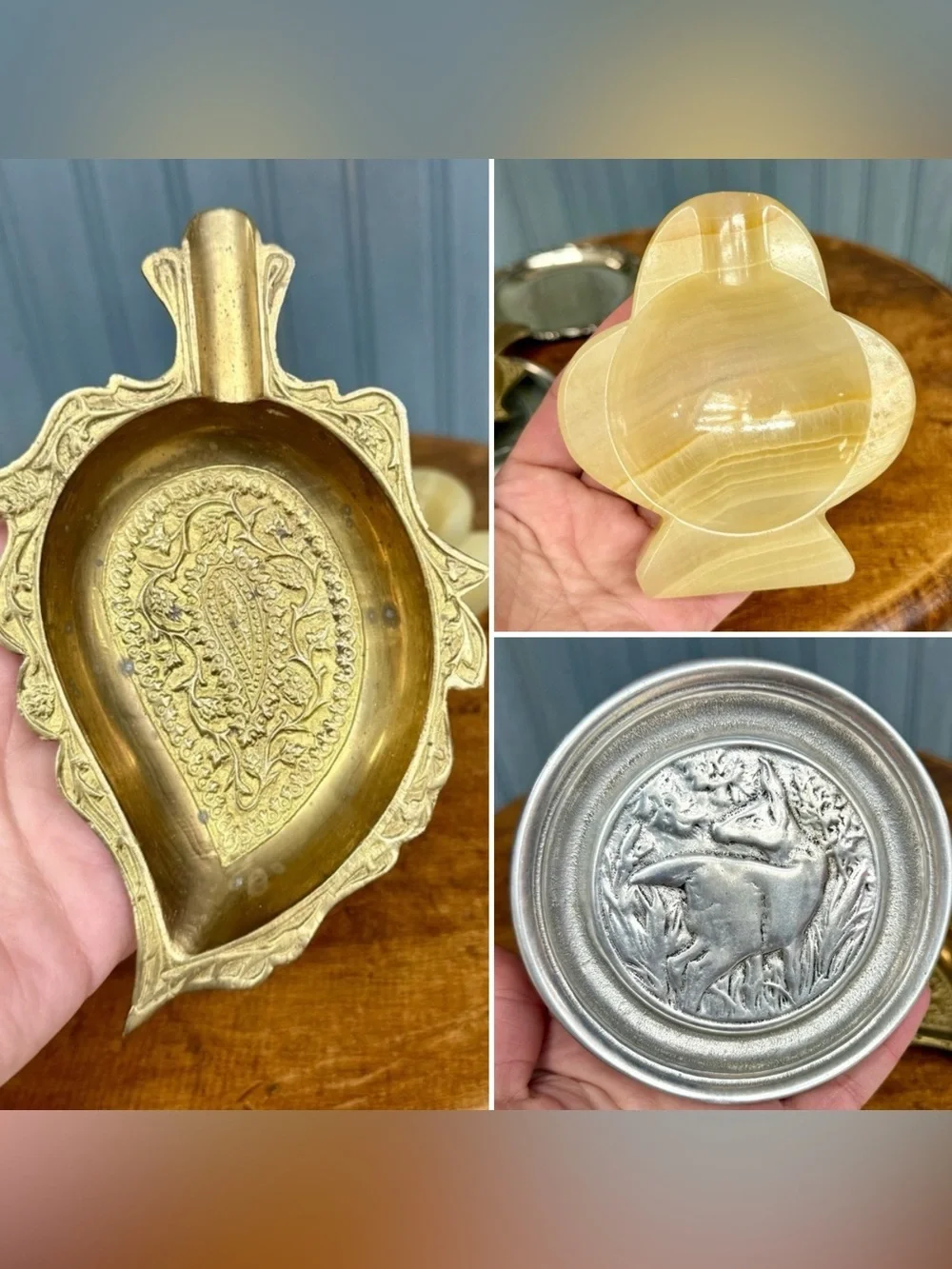 Vintage Trinket Dish Lot, Brass, Wilton Pewter, Mexican Onyx EUC